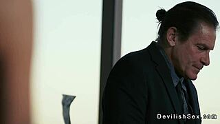 Rich guy banging tanned brunette babe in his luxurious house