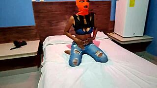 My Brunette Stepsister Celebrates Halloween in a Hotel Bed, Puts on a Mask, Shakes Her Body Sexy, and Gets Naked