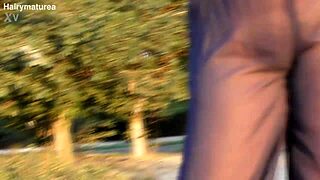 hairy mature flashes pussy in see-through outdoors