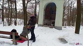 old guy seduces curvy nylon teen to fuck in the snow outdoors