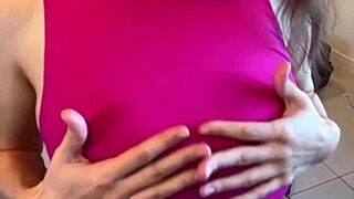 Stepmother sucks her big natural milky tits