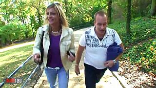 cumshot lands on her big tits outdoors