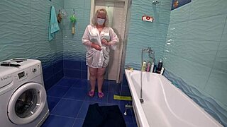 Milk enema explodes in mature hairy pussy! Fat lesbians nurse roleplay POV!