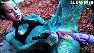 Masturbating anal hole with dildo outdoors until peeing