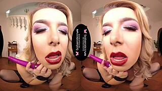 nikky dream, a solo blonde woman, indulges in vr masturbation with toys