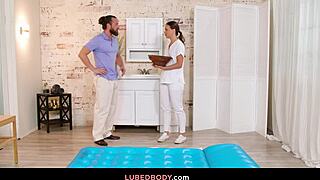 Beautiful masseuses hairy pussy banged by big cocked client 😍