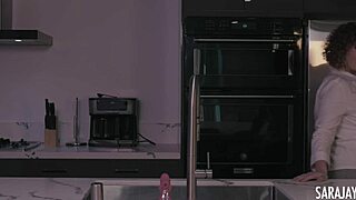 in the kitchen milf sara jay rams pink glass dildo deep into her wet pussy and big tits bounce