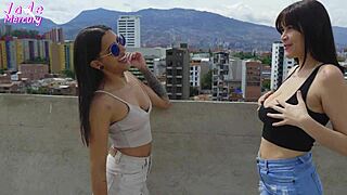 Exhibitionist rooftop sex with city view fucking the builder at dawn on construction site