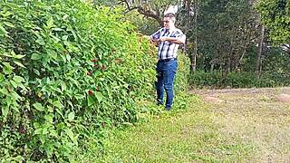 Whoa this mega hung Brazilian gardener jerks his thick monster cock till explosive cumshot