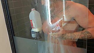 muscular milf with big tits and clit gets assfucked in milk bath!