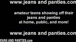 brigette flashes panties through tight blue jeans