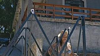 young wife flashes huge ass in tight bodysuit by pool as husband watches silently