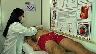 sexy brazilian nurse gets turned on by patient's huge erection and starts licking his monster cock during workout foreplay