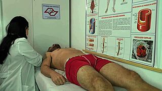 sexy brazilian nurse gets turned on by patient's huge erection and starts licking his monster cock during workout foreplay