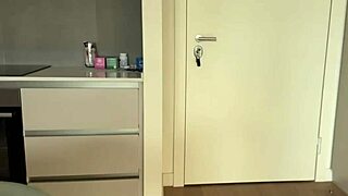 submissive maid flashes curvy big tits ass begs for gym boyfriend's monster cock creampie rough riding to keep job