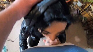 milfycalla's black down jacket and leather leggings covered in thick cum loads preview