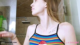 Tall skinny model strips down for steamy sensual bathtub tease