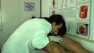sexy brazilian nurse gets turned on by patient's huge erection and starts licking his monster cock during workout foreplay