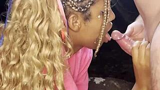 Vicky menage eagerly sucks off the huge black cock pitoco