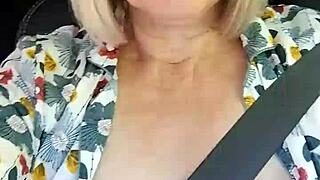 Naughty Housewife Flashes Tits in Homemade Car Selfie Video