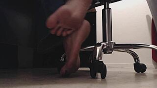 saw this sneaky foot boy under the desk watching tall fat mistress's dirty soles, heels and crunching toes in bdsm voyeur style