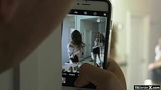 Busty shemale stepmom watches you stroke cock to her curves ass and tits in bedroom