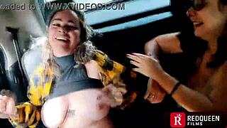 two crazy latina blondes with big natural tits fuck wildly in car as street crowd watches