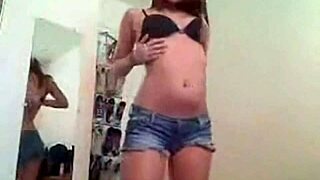 Skinny teen gropes her shaved pussy solo before slamming big dildo deep inside for intense toy orgasm.