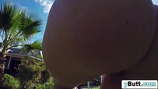 Busty Brunette Hottie Kneels Sucking Big Cock with Round Ass and Tits Out