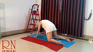 nude yoga: REGINA NOIR in white panties stretches in gym full cam