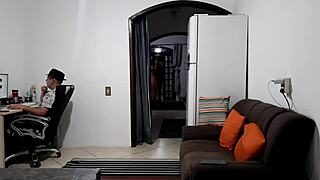 Mistress sneaks in to dominate cheating wife as cuckold husband works nearby