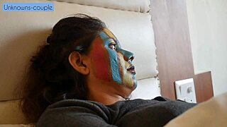 Lonely Rachna warms to Ravi's intimate room service touch. His kisses lead to pussy licking.