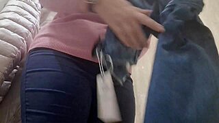 Nicoletta crams into tiny jeans flaunting exaggerated curvy ass and tits