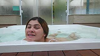 Hotel jacuzzi tease waits for married man to join the flashing fun