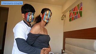 Lonely Rachna warms to Ravi's intimate room service touch. His kisses lead to pussy licking.