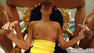 brunette model takes five bukkake cumshots straight to her face in hd blowbang