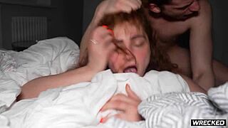 moaning redhead's big tits bounce as monster cock wrecks her submissive pussy