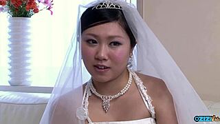 Skinny Asian Bride in Wedding Dress Gets Fingered and Licked on Her Hairy Pussy