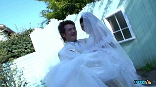 Skinny Asian Bride in Wedding Dress Gets Fingered and Licked on Her Hairy Pussy