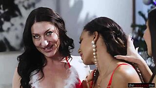 SheSeducedMe's Christmas miracle unfolds with lingerie-clad brunettes in DP toy party