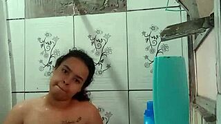 Latina brunette pornstar bathes showing off wet big ass natural tits pussy