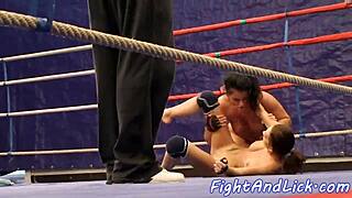 busty teen babes wrestle naked licking pussies in the ring