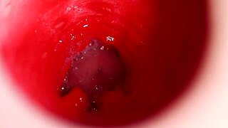 close-up monster cock unloads thick creampie deep in oiled redhead fuck doll ass