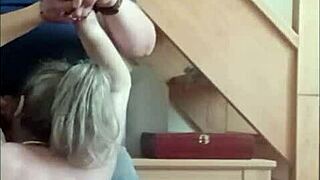 Bound french housewife chained outdoors endures ice session and sloppy blowjob humiliation