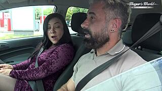 Watch hairy Christina Santes get banged hard behind the scenes right in the car