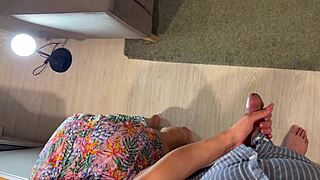 hot skinny brunette teases big cock in kitchen—will she finally let him explode!?