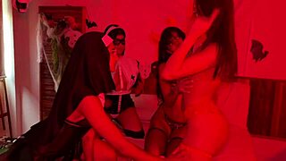 skinny teen lesbians fist dripping wet pussies in halloween orgy creampie