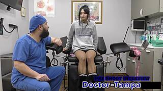 dr tampa straps petite zombae in latex gloves for her first backstage gyno exam spreading natural tits wide