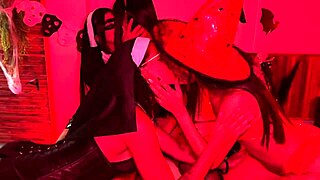 skinny teen lesbians fist dripping wet pussies in halloween orgy creampie