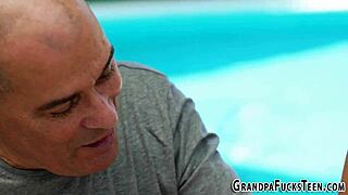 ever watched a brunette teen suck off her grandpa's cock outdoors?